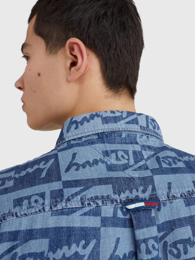 Férfi Tommy Hilfiger Tonal signature print denim Ingek Kék | HU 1068AHK